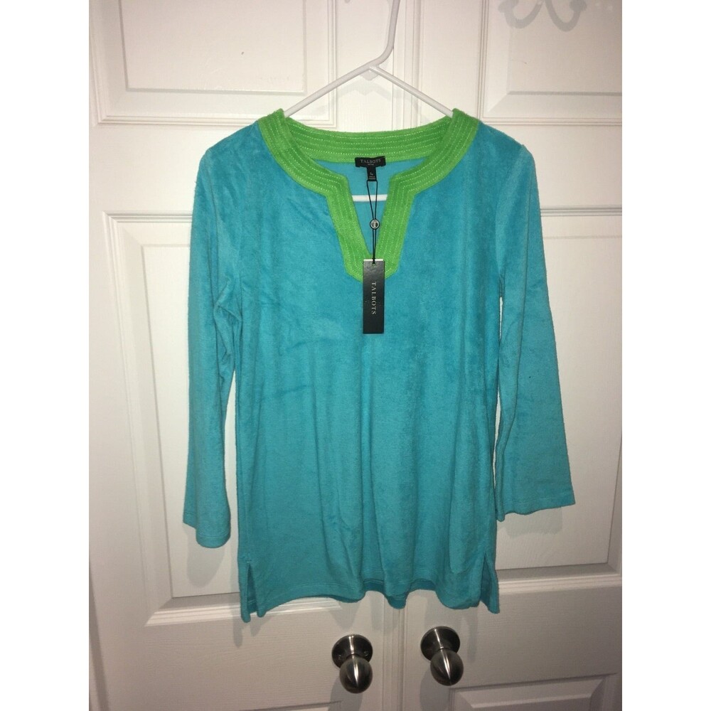 Womens Blue Green Teal TALBOTS Long Sleeve Knit Towel Shirt Top Small Petite